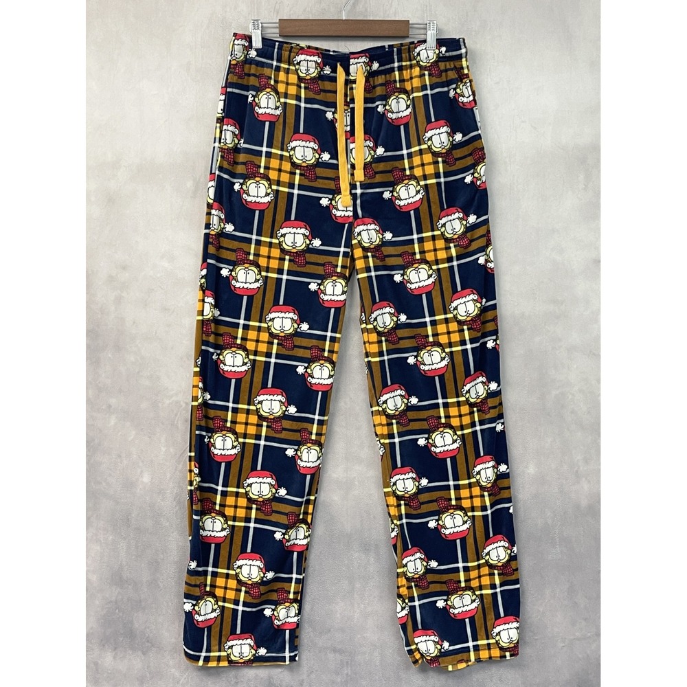 Christmas Garfield Mens Sleep Pants Size L Plaid Fleece Lounge Pajamas Cozy PJs